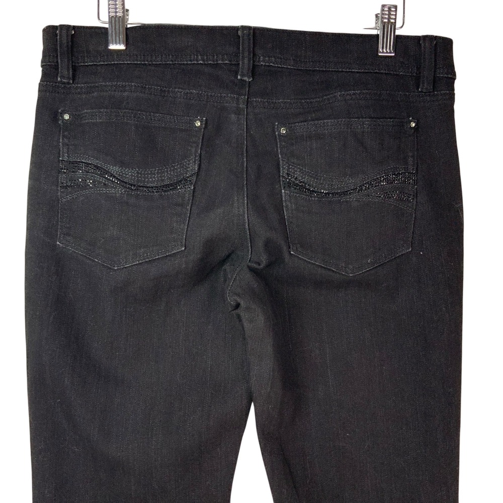 White House Black Market Noir Black Flare Jeans 8S Mid Rise Rhinestone Pockets - Picture 4 of 9